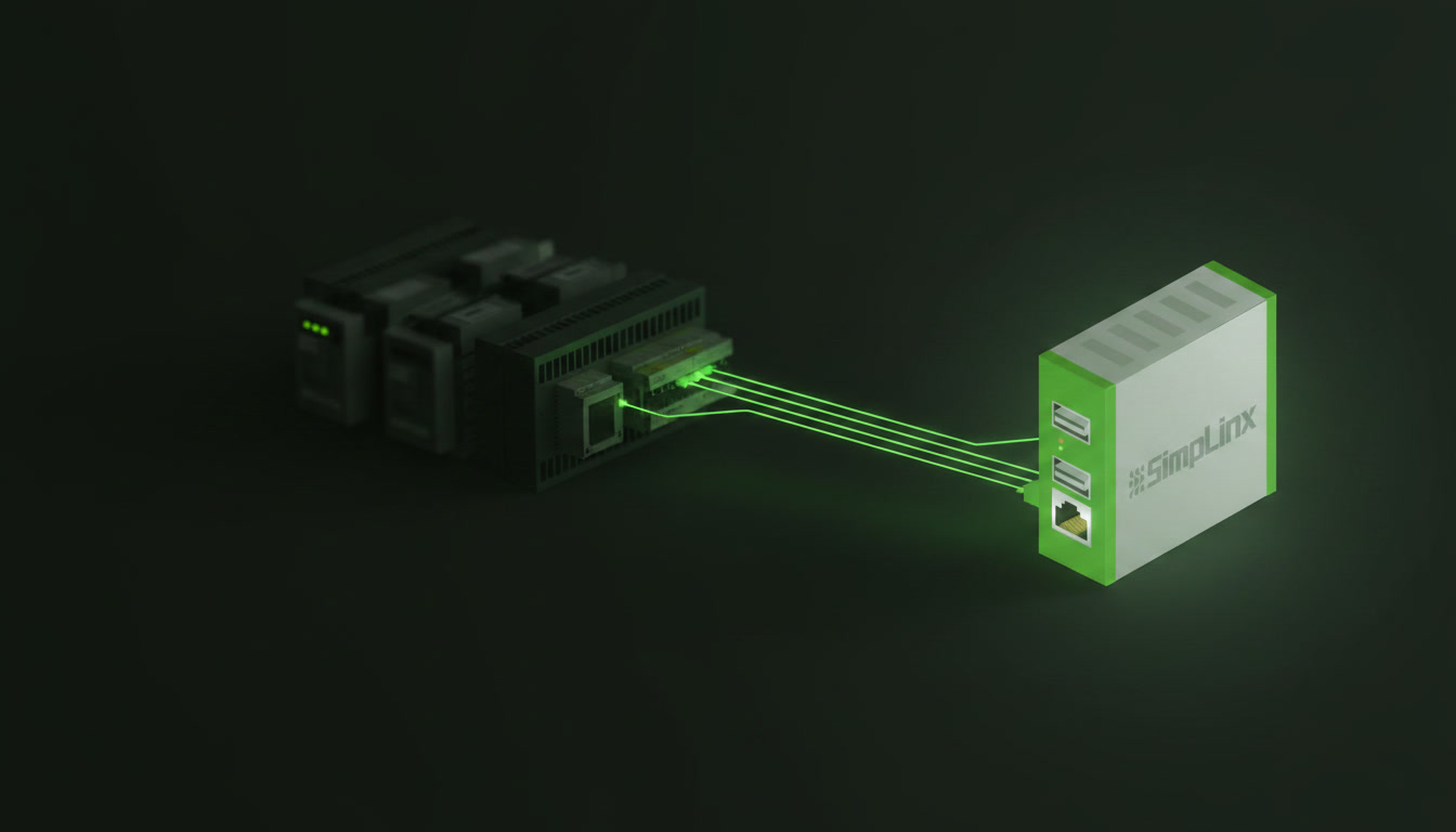 Simplinx SMX device collecting PLC data directly — no separate gateway